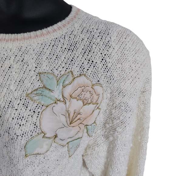 Jaclyn Smith VTG Knit Sweater Women's Large Beaded Floral Cream Pink Long Sleeve - Picture 15 of 16